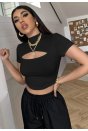 Kadın Siyah Göğüs Dekolteli Yarım Kollu Cut Out Crop Top Bluz