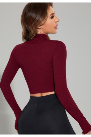 Kadın Bordo Uzun Kol Fermuarlı Parmak Geçme Detaylı Dik Yaka Crop Top Bluz