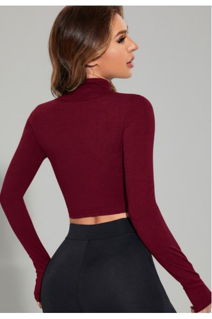 Kadın Bordo Uzun Kol Fermuarlı Parmak Geçme Detaylı Dik Yaka Crop Top Bluz