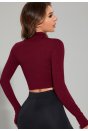 Kadın Bordo Uzun Kol Fermuarlı Parmak Geçme Detaylı Dik Yaka Crop Top Bluz