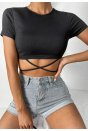 Kadın Siyah Yarım Kol Çapraz Bağlamalı Crop Top Bluz
