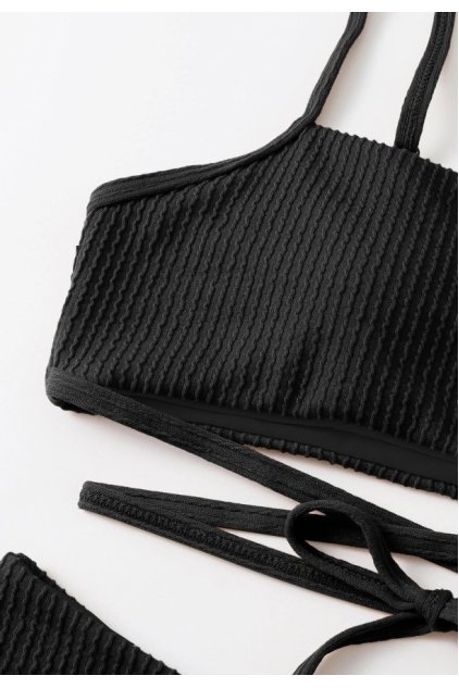 Kadın Siyah Çapraz Bağlama Detaylı Yüksek Bel Bikini Takımı