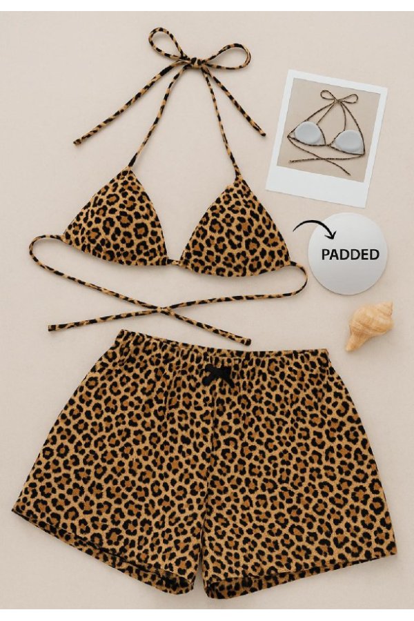 Kadın Leopar Desenli Şortlu Belden ve Boyundan Bağlamalı Bikini Takımı