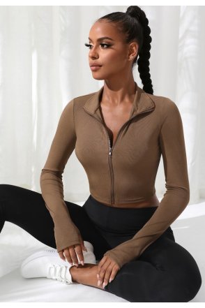 Kadın Kahverengi Uzun Kol Fermuarlı Parmak Geçme Detaylı Dik Yaka Crop Top Bluz