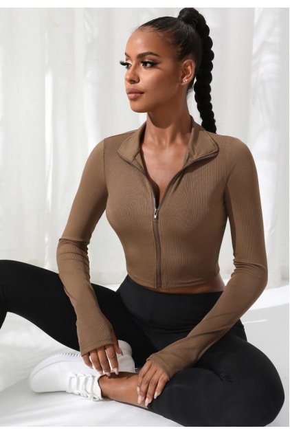 Kadın Kahverengi Uzun Kol Fermuarlı Parmak Geçme Detaylı Dik Yaka Crop Top Bluz