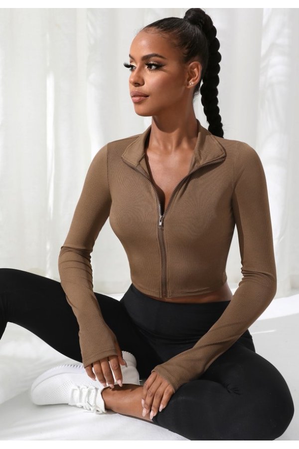 Kadın Kahverengi Uzun Kol Fermuarlı Parmak Geçme Detaylı Dik Yaka Crop Top Bluz