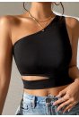 Kadın Siyah Tek Kol Cut Out Göbek Dekolteli Crop Top Bluz