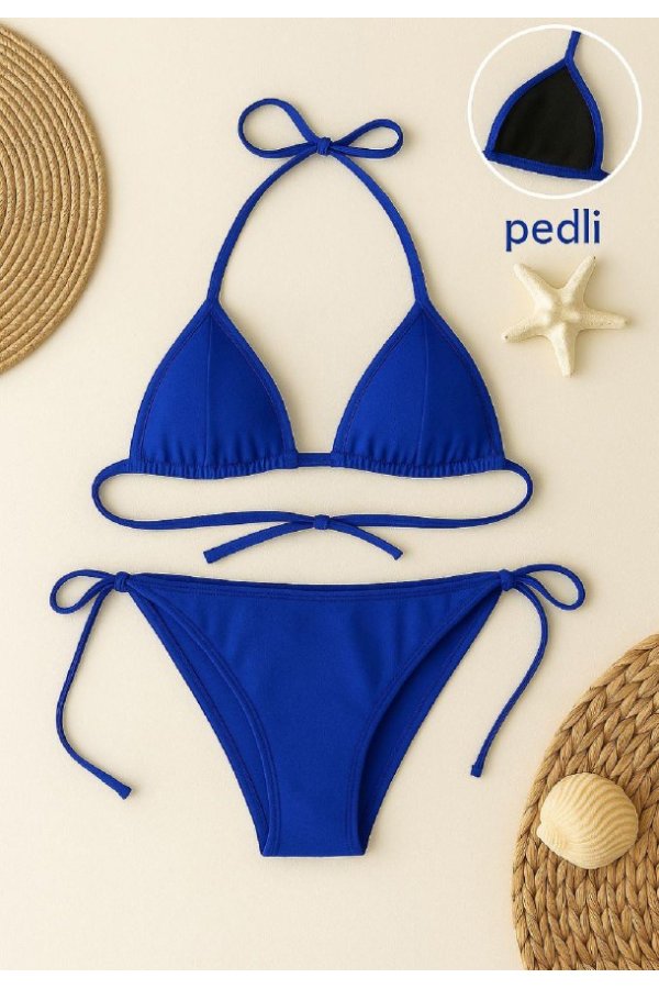 Kadın Mavi Yandan ve Boyundan Bağlamalı Bikini Mayo Takımı
