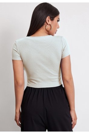 Kadın Beyaz Yuvarlak Yaka Yarım Kol Crop Top Bluz