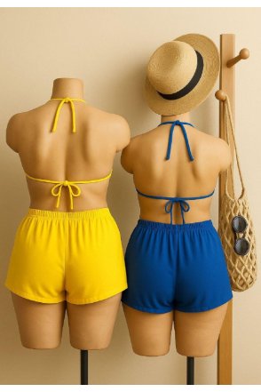 Kadın Sarı ve Mavi Şortlu Belden ve Boyundan Bağlamalı Bikini Takımı