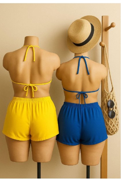 Kadın Sarı ve Mavi Şortlu Belden ve Boyundan Bağlamalı Bikini Takımı