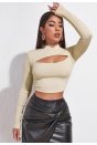 Kadın Ekru Göğüs Dekolteli Uzun Kollu Cut Out Crop Top Bluz