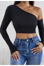 Kadın Siyah Tek Omuz Detaylı Uzun Kol Crop Top Bluz
