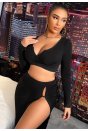 Kadın Siyah Uzun Kol Göğüs ve Göbek Dekolteli Fermuarlı Crop Top Bluz