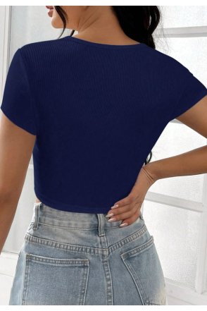Kadın Lacivert Yarım Kol Düz Yaka Crop Top Bluz