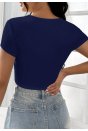 Kadın Lacivert Yarım Kol Düz Yaka Crop Top Bluz