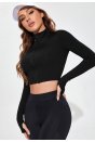 Kadın Siyah Uzun Kol Fermuarlı Parmak Geçme Detaylı Dik Yaka Crop Top Bluz