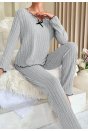 Kadın Gri Çizgili Uzun Kollu Fiyonk Detaylı Pijama Takımı Rahat Mevsimlik