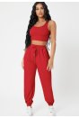 Kadın Kırmızı Kaşkorse Cepli Jogger Eşofman Altı ve Crop Top Bluz