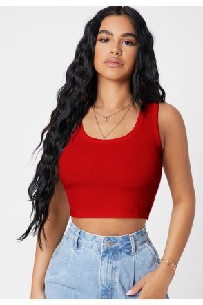 Kadın Kırmızı Kare Yaka Crop Top Bluz