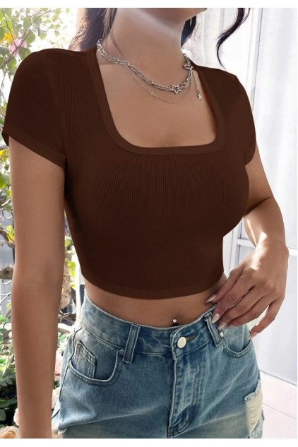 Kadın Kahverengi Yarım Kol Düz Yaka Crop Top Bluz