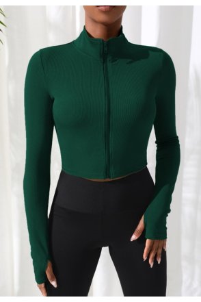 Kadın Yeşil Uzun Kol Fermuarlı Parmak Geçme Detaylı Dik Yaka Crop Top Bluz