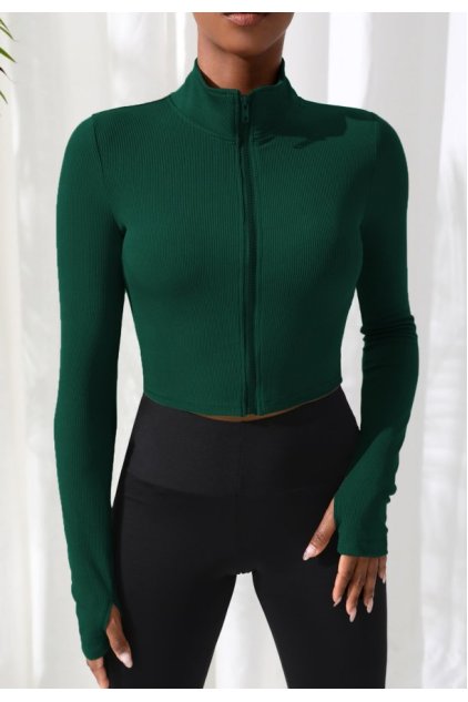 Kadın Yeşil Uzun Kol Fermuarlı Parmak Geçme Detaylı Dik Yaka Crop Top Bluz