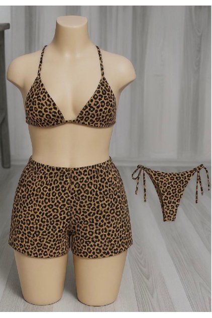 Kadın 3'lü Set Fosforlu Şortlu ve Yandan Bağlamalı Bikini Mayo Takımı