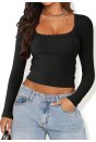Kadın Siyah Kare Yaka Dantelli Uzun Kollu Crop Top Bluz