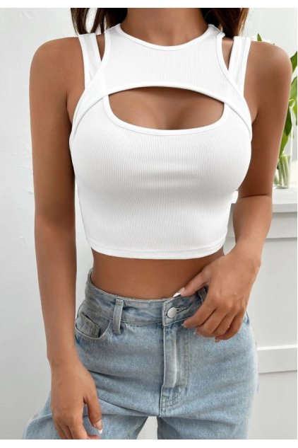 Kadın Beyaz Kalın Askılı Cut Out Dekolteli Crop Top Bluz