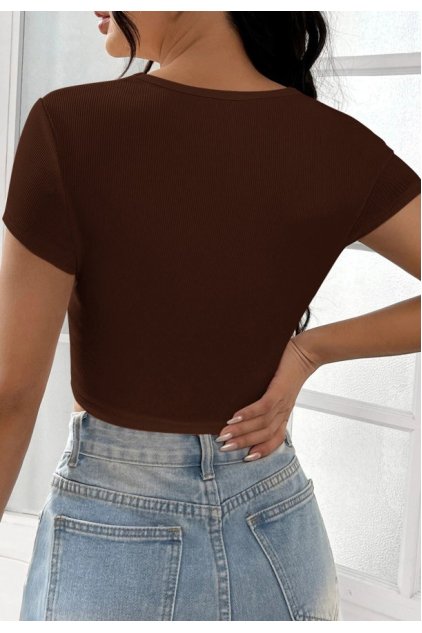 Kadın Kahverengi Yarım Kol Düz Yaka Crop Top Bluz