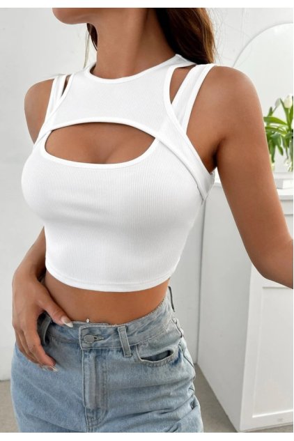Kadın Beyaz Kalın Askılı Cut Out Dekolteli Crop Top Bluz