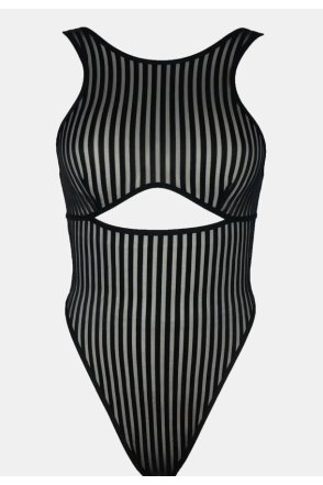 Kadın Siyah Cut-Out Detaylı Transparan Çizgili Gecelik