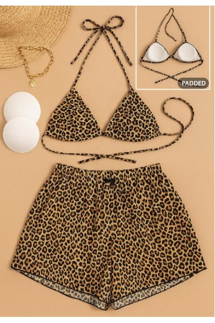 Kadın 3'lü Set Fosforlu Şortlu ve Yandan Bağlamalı Bikini Mayo Takımı