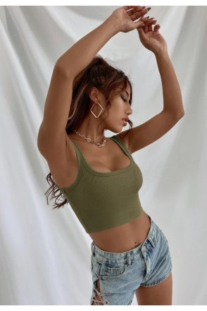 Kadın Haki Yeşili Kalın Askılı Crop Top Büstiyer