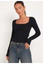 Kadın Siyah Kare Yaka Dantelli Uzun Kollu Crop Top Bluz