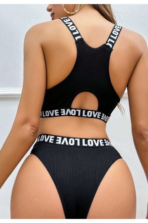 Kadın Siyah Çapraz Sırt ve Love Lastik Detaylı Sütyen Külot Takım