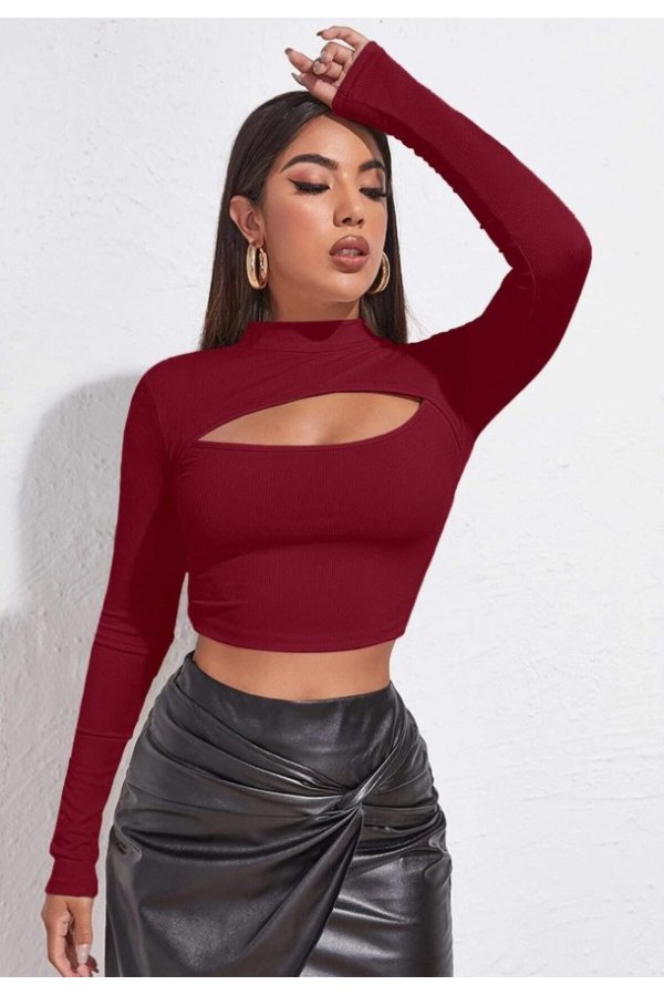 Kadın Bordo Göğüs Dekolteli Uzun Kollu Cut Out Crop Top Bluz
