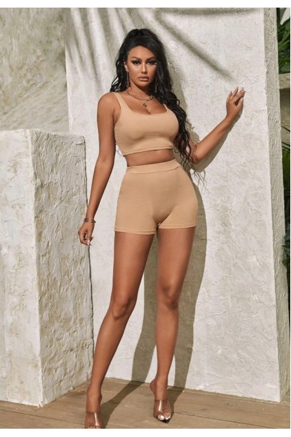 Kadın Krem Rengi Şortlu Crop Top Gecelik Takım
