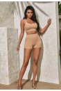 Kadın Krem Rengi Şortlu Crop Top Gecelik Takım