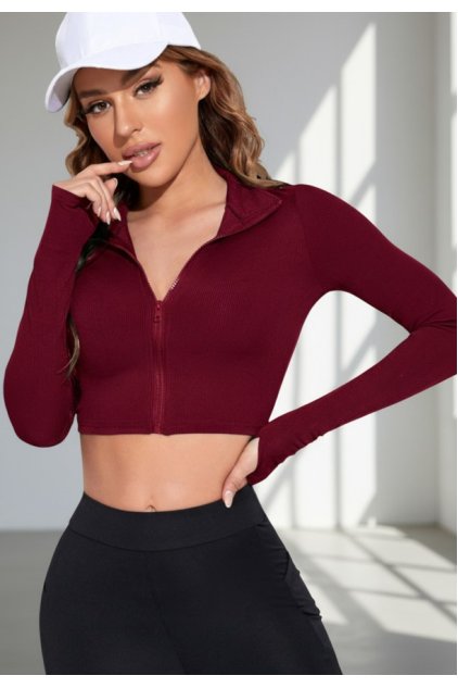 Kadın Bordo Uzun Kol Fermuarlı Parmak Geçme Detaylı Dik Yaka Crop Top Bluz