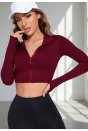 Kadın Bordo Uzun Kol Fermuarlı Parmak Geçme Detaylı Dik Yaka Crop Top Bluz
