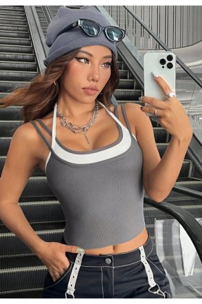 Kadın Antrasit Gri Beyaz Çift Renk Çapraz Askılı Crop Top Bluz