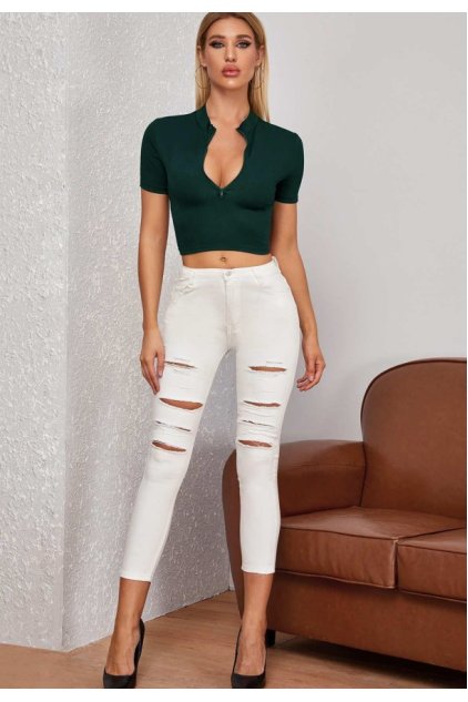 Kadın Yeşil Yarım Fermuarlı ve Kısa Kollu Crop Top Bluz