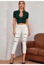 Kadın Yeşil Yarım Fermuarlı ve Kısa Kollu Crop Top Bluz