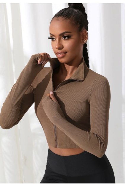 Kadın Kahverengi Uzun Kol Fermuarlı Parmak Geçme Detaylı Dik Yaka Crop Top Bluz