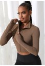 Kadın Kahverengi Uzun Kol Fermuarlı Parmak Geçme Detaylı Dik Yaka Crop Top Bluz