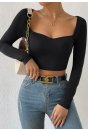 Kadın Siyah Uzun Kol Göğüs Dekolteli Şık Crop Top Bluz