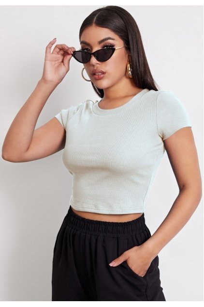 Kadın Beyaz Yuvarlak Yaka Yarım Kol Crop Top Bluz