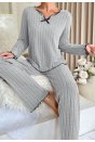 Kadın Gri Çizgili Uzun Kollu Fiyonk Detaylı Pijama Takımı Rahat Mevsimlik